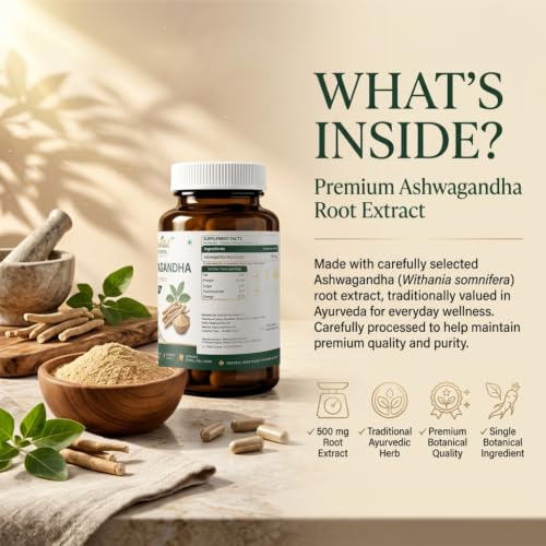 Image of Ashwagandha Root Extract Capsules | Withania Somnifera Root Extract | Herbal Supplement | Supports Strength, Stamina, Energy, Sleep & Overall Vitality - Pack of 1(60 Capsules)