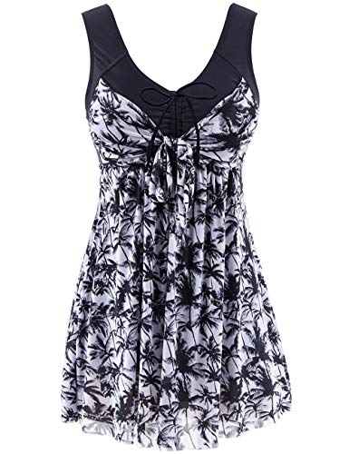wantdo Women's Plus Size Swimdress Flower Printed Swimwear Cover Up Swimsuits with Skirt