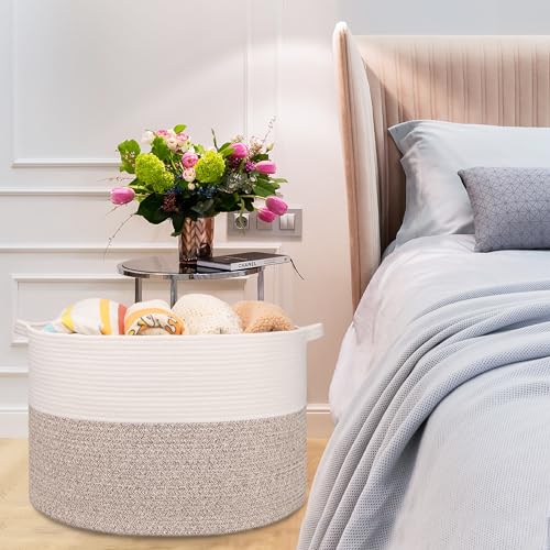 Image of Large Cotton Rope Blanket Basket, 87L Laundry Hamper, White & Brown