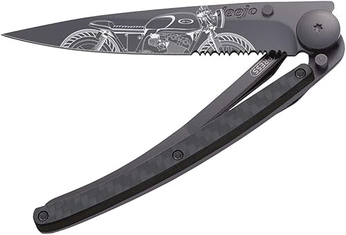 deejo - 37G dentado, fibra de carbono, titanio, negro, Café Racer - Cuchillo plegable de bolsillo ultraligero con clip para cinturón - Acero