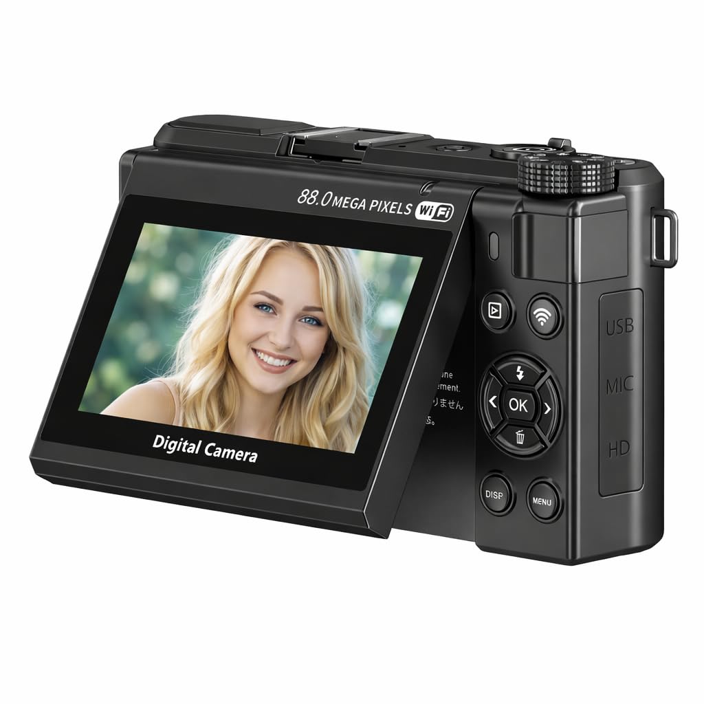 Vikye Fotocamera Digitale 8K per Fotografia, Fotocamera per Vlogging da 88 MP per Principianti in Viaggio con Schermo Ribaltabile a 180° da 3", Fotocamere Compatte da Viaggio 18X (BLACK)
