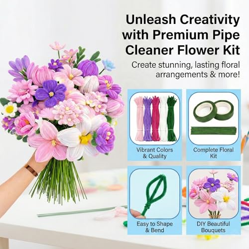 Image of Asian Hobby Crafts 200+ Pcs Pipe Cleaners for Craft Flower Making Set - Fuzzy Chenille Stems & Fluffy Sticks With Floral Tape & Wire for Kids Arts & Craft, School Supplies, Home & Party Decor