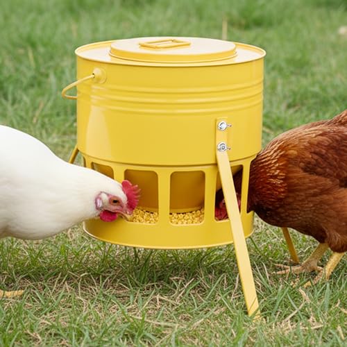 KOL Metal Chicken Feeder - 20lbs No Waste Chicken Feeder with 12 Ports Powder Coated Rust-Proof Design & Smooth Edges for Safe Feeding (Yellow)