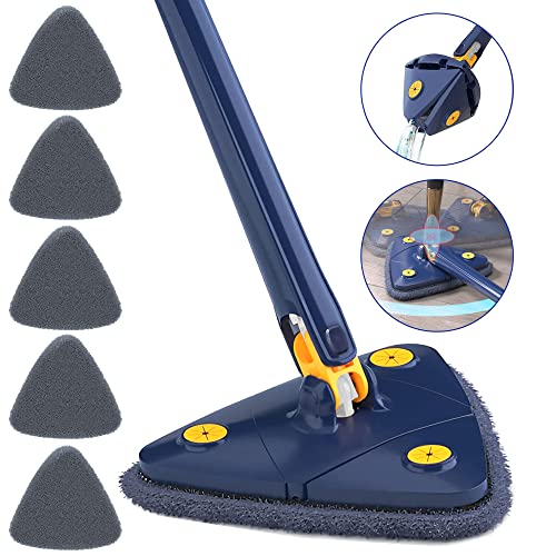 Triangle Rotatif à 360° Réglable, Vadrouille de Nettoyage Télescopique avec Fonction de Pressage Automatique à Eau 5 Chiffons de Nettoyage Serpillère Extensible en Microfibre (Blue)