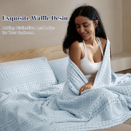 Image of PHF 100% Cotton Waffle Blanket King Size for Bed, Lightweight Breathable and Soft for Summer, Luxury Aesthetic Waffle Weave Blanket for Home Decor & Gifts for Women, 108 inchx90 inch, Sky Blue