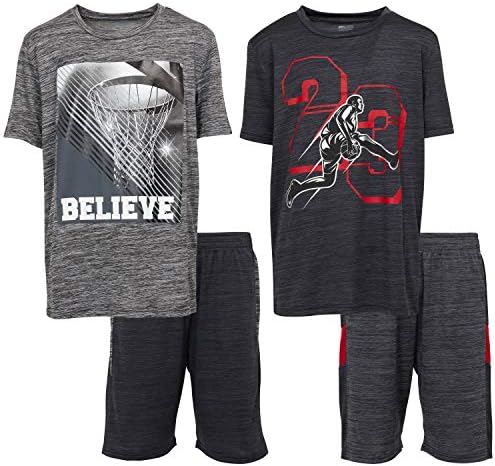 Boys Youth Big Kids Athletic Active Performance Sports 4 Piece Graphic T-Shirt Top and Basketball Short Set