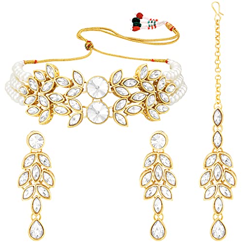 Image of Peora Gold Plated Bridal Crystal Pearl Choker Necklace with Drop Earrings Traditional Jewellery Set for Women