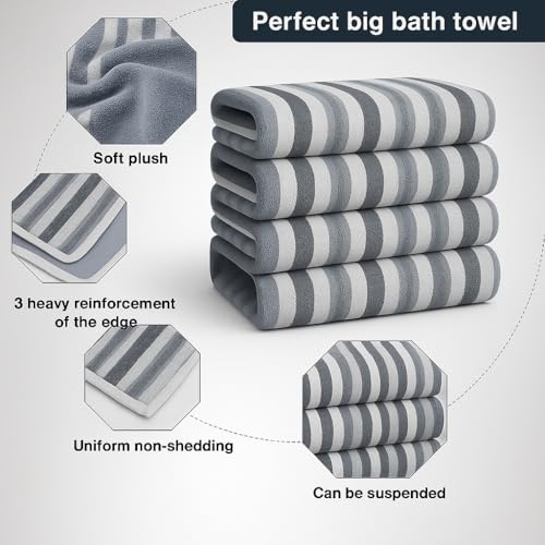 Image of Cortina Stripe Printed Microfiber Towels for Bath Large Size-Super Soft Coral Fleece Bathing Towel with Hook Quick Dry Super Absorbent-Bath Towel for Men and Women-70x140 cm [ Grey ]