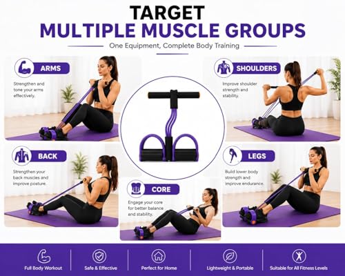 Image of Pedal Puller Resistance Band, 4 Tube Natural Rubber Pedal Exerciser for Home Workout, Full Body Exercise Equipment for Abs Arms Legs Stretching and Strength Training for Men & Women DD01