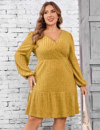 Image of Women's Plus Size Casual Sweater Dress Square Neck Long Lantern Sleeve Tie Waist Loose Pullover Sweater Dresses