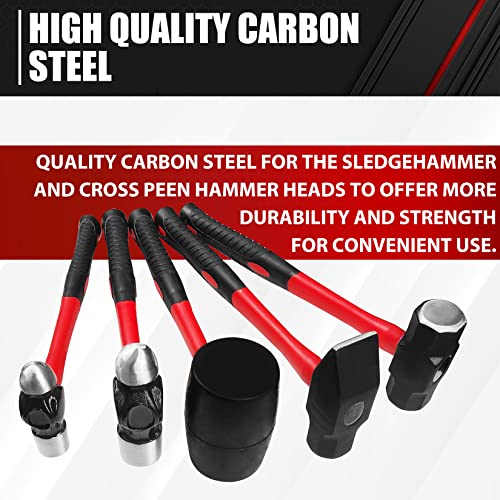 C&T 5-Piece Hammer Set, Fiberglass Handle Mallets For Soft Blow Tasks, Shock Reduction Grip Home Garage Kit With Rubber Hammer, Ball Peen Hammer, Sledge Hammer, Cross Peen Hammer #TOP1