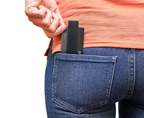 Image of Modern Carry Quick Draw Minimalist Wallet for Men & Women, Elastic Band Minimal Credit Card Holder with Leather Tab, Card Grabber for Long Nails, Money Clip Alternative (Black) (Dark Gray)