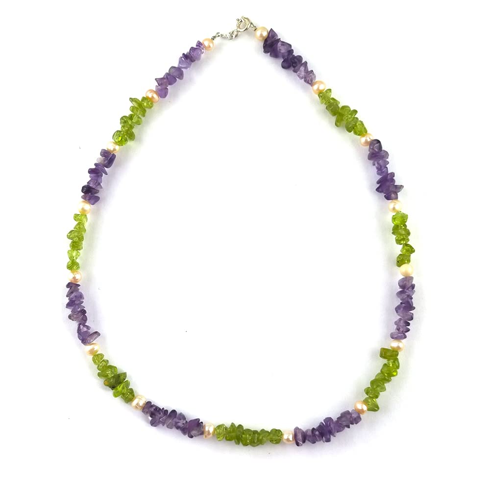 Collier améthyste péridot pierres baroques et perles d'eau douce fermoir argent 925