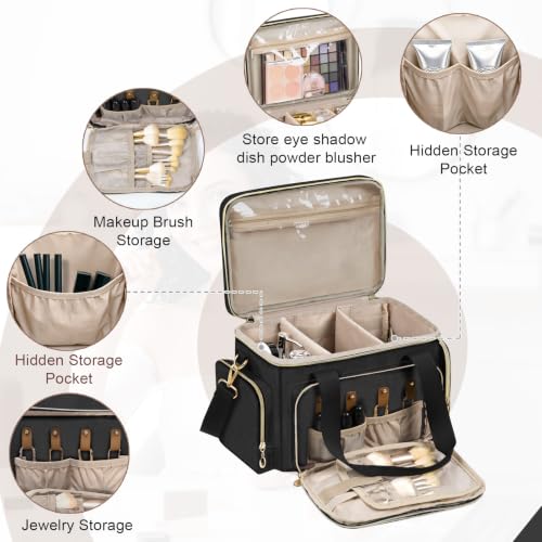 Image of GDNasist Large Makeup Bag, Portable Travel Makeup Bag Organizer | Cosmetic Travel Bag for Women Girls with Removable Shoulder Strap & Detachable Dividers, Toiletry Bag for Makeup Black