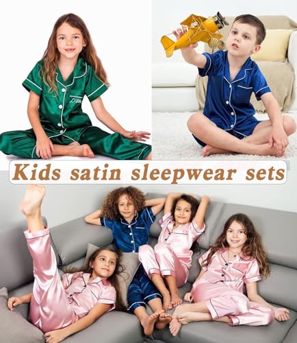 SWOMOG Satin Pyjamas for Teenage Girls Short Sleeve Button-Down Pjs 3 Pcs Kids Nightwear Short Sleeve Lounge Sets Pink 12-13 years old - Image 4