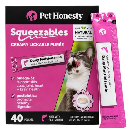 Image of Cat Multivitamin Lickable Treats - Squeezable Vitamin Puree Pouches for Cats - Daily Cat Vitamins with Postbiotics + Omega 3 Fish Oil for Gut + Immune Support, Skin Coat, Joint Health (Salmon, 40 Ct)