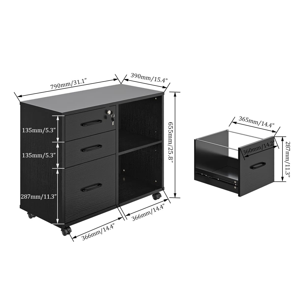 Panana 3 Drawer Office File Cabinets Mobile Lateral Printer Stand with Open Storage Shelf Rolling Filing Cabinet with — view 3