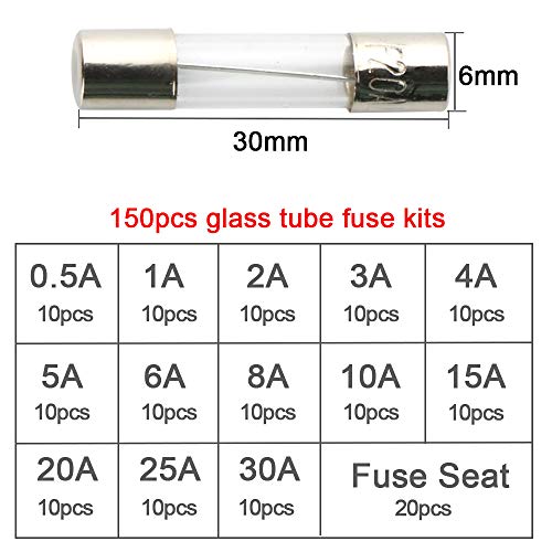 Qitindasen F099 Fularr 150Pcs 6X30Mm Professional Car Fast-Blow Glass Tube Fuse Kit: 130Pcs Quick Blow Glass Tube Fuse + 20Pcs Fuse Seat thumb #1