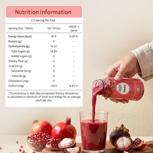 Image of Rus Organic Ruby Juice | Pomegranate Fruit + Kokum Juice Without Sugar | Pack of 6 (250ml Each) | Natural, No Added Preservative | Cold Pressed | Immunity Support
