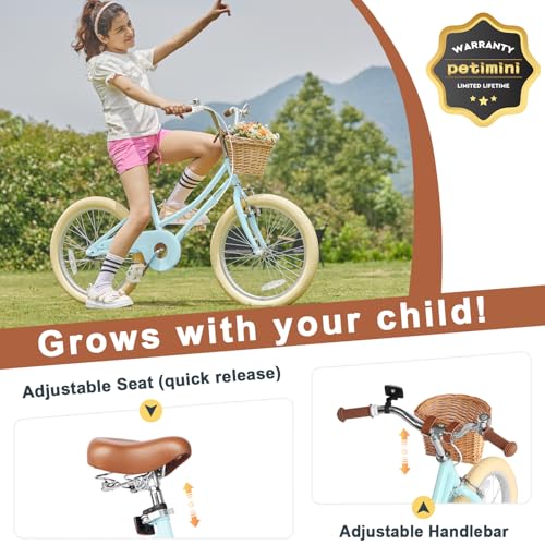 Image of Petimini Vintage Kids Bike for Girls, 12-20 Inch Classic Bicycle with Wicker Basket & Bell, High Tensile Steel Frame, Training Wheels (12-18 inch), 85% Pre-Assembled, Retro Bike for Outdoor Riding
