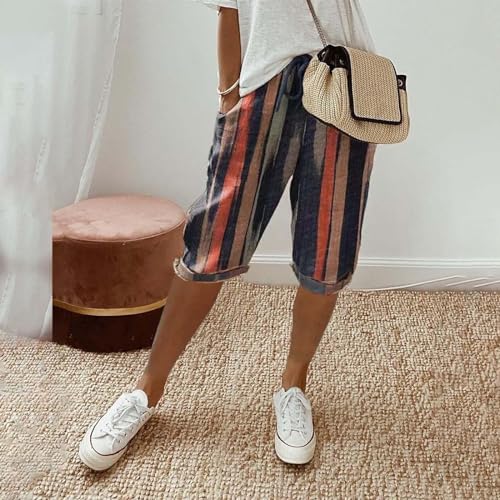 GOFULY Cotton Linen Bermuda Shorts for Women Knee Length Summer Elastic Waist Drawstring Shorts Pockets Solid Capris Pants2