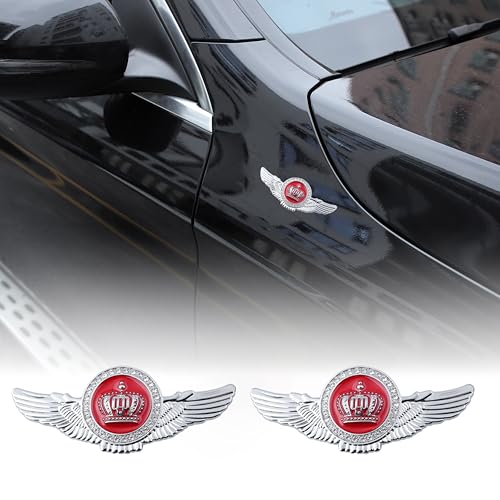 Image of 2pcs Wing Circular Crown Emblems,Crystal Diamond Crown Car Stickers Decals Decoration for All Car (Silver Red)