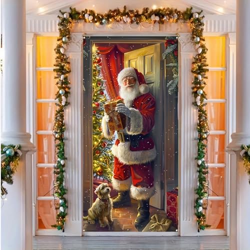 Image of Festive Christmas Santa Claus Door Banner Decorative Polyester Holiday Door Cover with Christmas Tree and Dog, Perfect for Indoor and Outdoor Christmas Decorations 71 x 35in