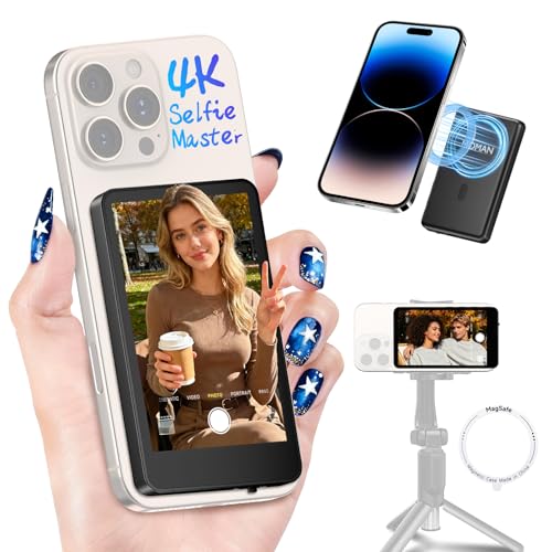 Moman Vlog Selfie Monitor Screen with 4K 60fps & Encrypted Private Wireless for iPhone, Magnetic Back Camera Monitor, P2P Wireless, 164 ft Range for TikTok, YouTube, Vlogging (Black)