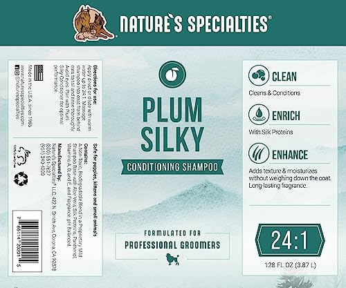 Image of Nature's Specialties Plum Silky Ultra Concentrated Dog Shampoo Conditioner, Makes up to 24 Gallons, Natural Choice for Professional Pet Groomers, Silk Proteins, Made in USA, 1 gal