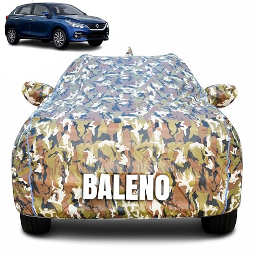 Image of 100% Waterproof Car Body Cover for Maruti Suzuki Baleno (2015-2021) Mirror Pocket (Heat & UV Resistant, Triple Stitched, Soft Lining, Bottom Elastic & Piping) Camouflage, Military Print