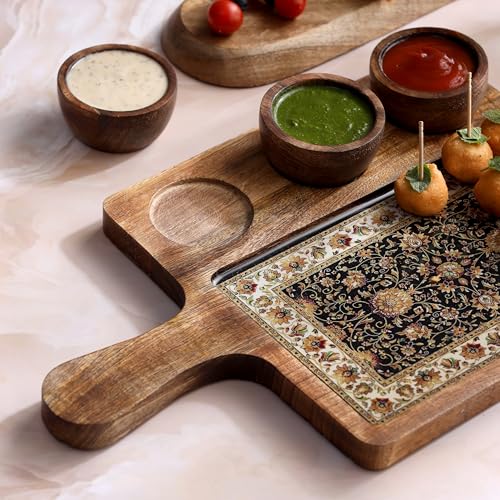 Image of Handcrafted Mango Wood Serving Platter with 3 Dip Bowls | Traditional Jamawar Kashmiri Print | Waterproof, Heat-Resistant, Food-Safe Lacquer Finish | 15.5 x 10 Inch | Made in India (3Katori: Jamawar)