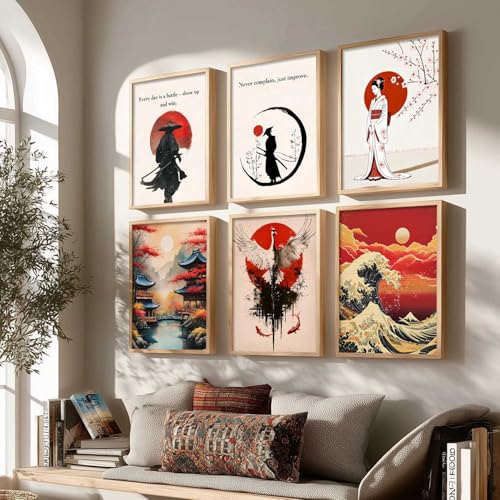 Image of HOTHOUSE Japanese Samurai Motivational Art Wall Framed Posters | Aesthetic Japanese Art Framed Poster for Living Room Bedroom Gaming Room Studio Wall Decor Set Of 6 (13X17 inch)