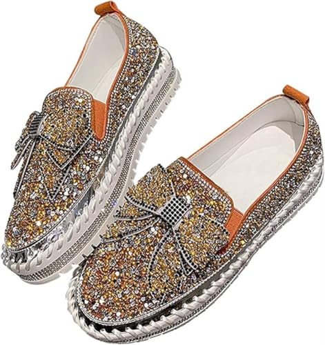 Women's Sneakers Rhinestones Glitter Platform Slip On Casual Cute Bowknot Shiny Walking Shoes Comfortable Dress Flat Loafers