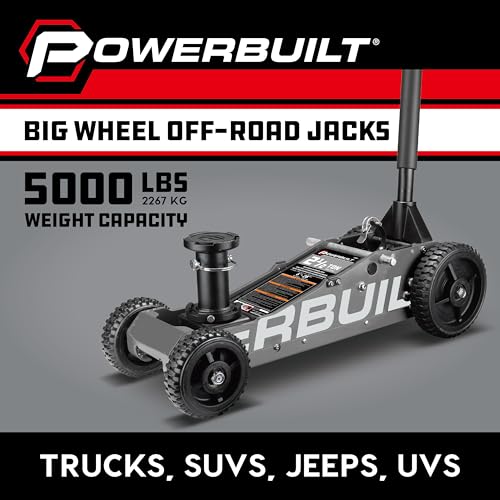 Image of Powerbuilt 2.5 Ton Big Wheel Off Road Jack, Vehicle Lift for Trucks, SUVs, ATVs Offroad Vehicles, Oversized Wheels for Rugged Terrain, 5000 LB Capacity, Grey 620623ECE