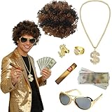 【Completo Set di Accessori】Oltre alla parrucca anni 80 uomo, riceverai occhiali da sole iconici, barba finta, anelli, collana, sigaro finto e denaro scenico tutto ciò che serve per un travestimento da vero musicista rock.
