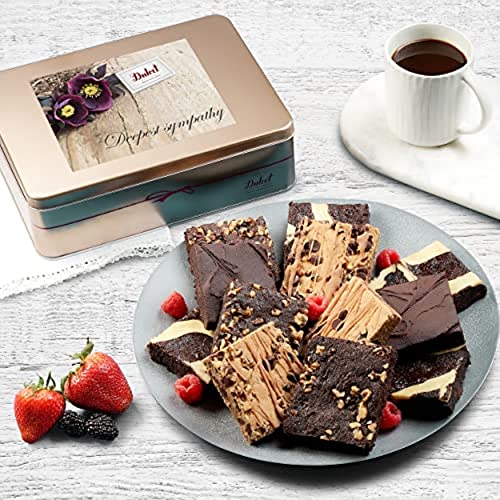 Dulcet Gift Baskets Sympathy Chocolate Fudge Brownie Assortment Gift Tin, Fresh Baked Snacks Yummy Flavors including Chocolate Cheese -Walnut -Fudge-Chip Blondie Great for Women, Men, Friends and Family.…