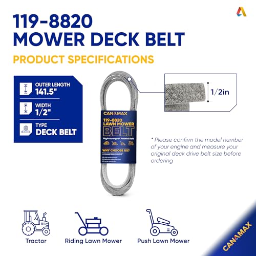 Image of Canamax 119-8820 Mower Drive Deck V-Belt - Compatible with 50 inch Deck Toro Timecutter SS5000 SS5060 MX5060 74630 74361 74632 74635 74637 74641 | Aramid Cord | 1 /2 inch x 141.5 inch