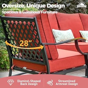 4 Piece Metal Outdoor Patio Furniture Sets, Patio Conversation Sets 1 3-seater Sofa, 2 Swivel Chair with 5.75" Extra Thick Cushion and Coffee Table, Black Frame Backyard Furniture, Red 4 Piece Metal Outdoor Patio Furniture Sets Patio Conversation Sets 1 3 seater Sofa 2 Swivel Chair with 575 Extra Thick Cushion and Coffee Table Black Frame Backyard Furniture Red