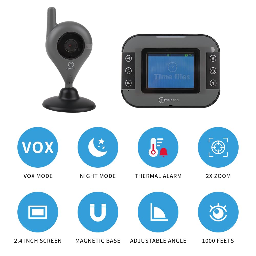 TimeFlys Monitor de vídeo para bebé con cámara y audio -C240v pantalla de 2,4 pulgadas, visión nocturna automática, conversación bidireccional, control de temperatura y advertencia, alcance de 1000