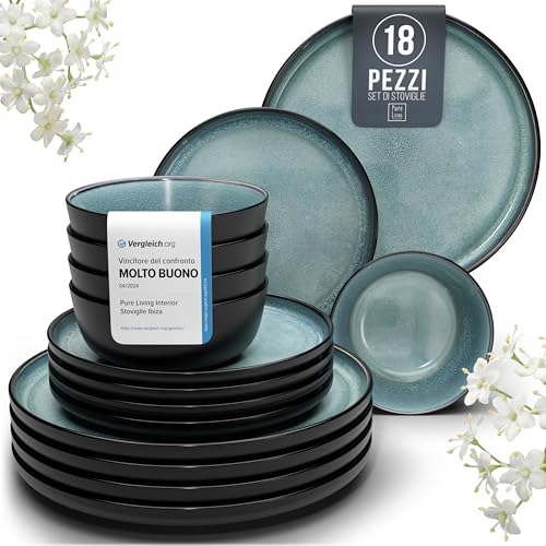 Servizio Piatti Ibiza in Ceramica per 6 Persone, 18 Pezzi Set Piatti Moderni Compatibile con Lavastoviglie e Microonde - petrolio scuro - Set da Tavola e Cucina di Pure Living