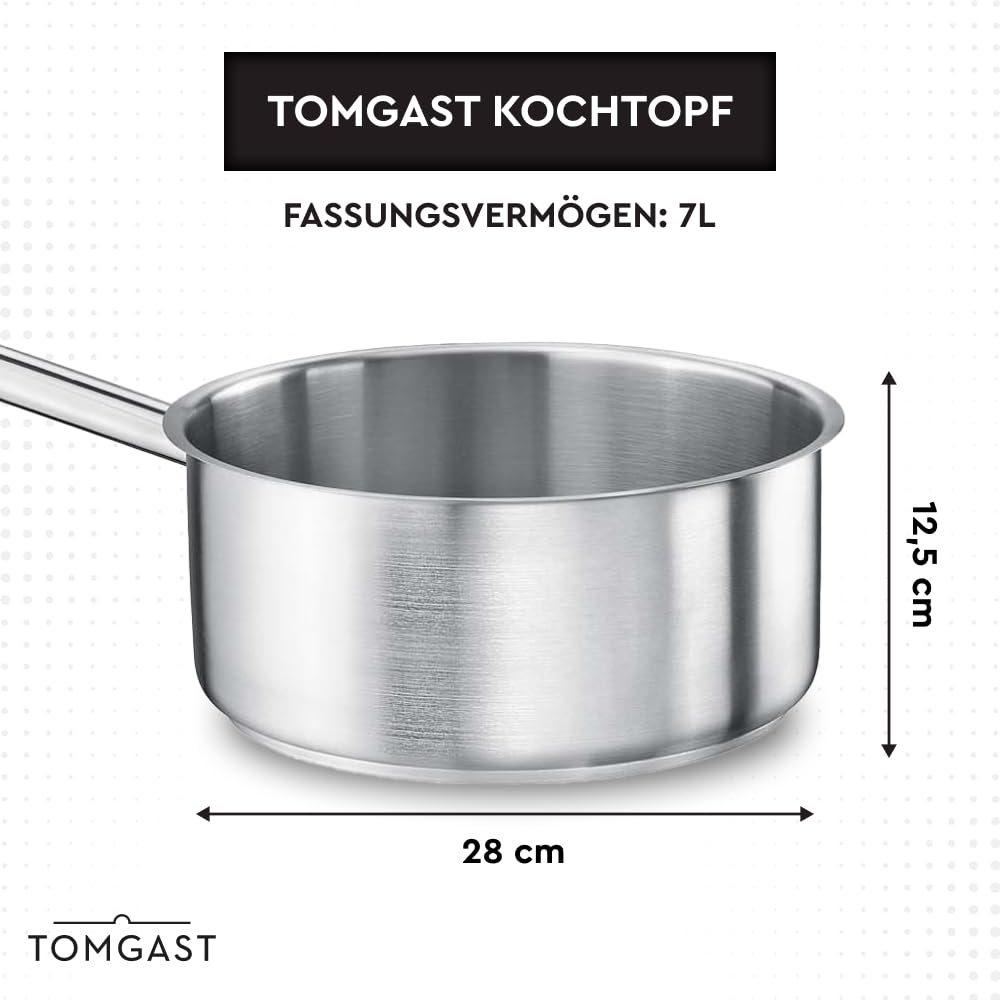 Rondel średnica: 28 cm, wysokość: 12,5 cm, pojemność: 7 l, stal nierdzewna 18/10, grubość ścianki od 1 mm do 1,2 mm, marynowane dno ze stali aluminiowej, indukcja