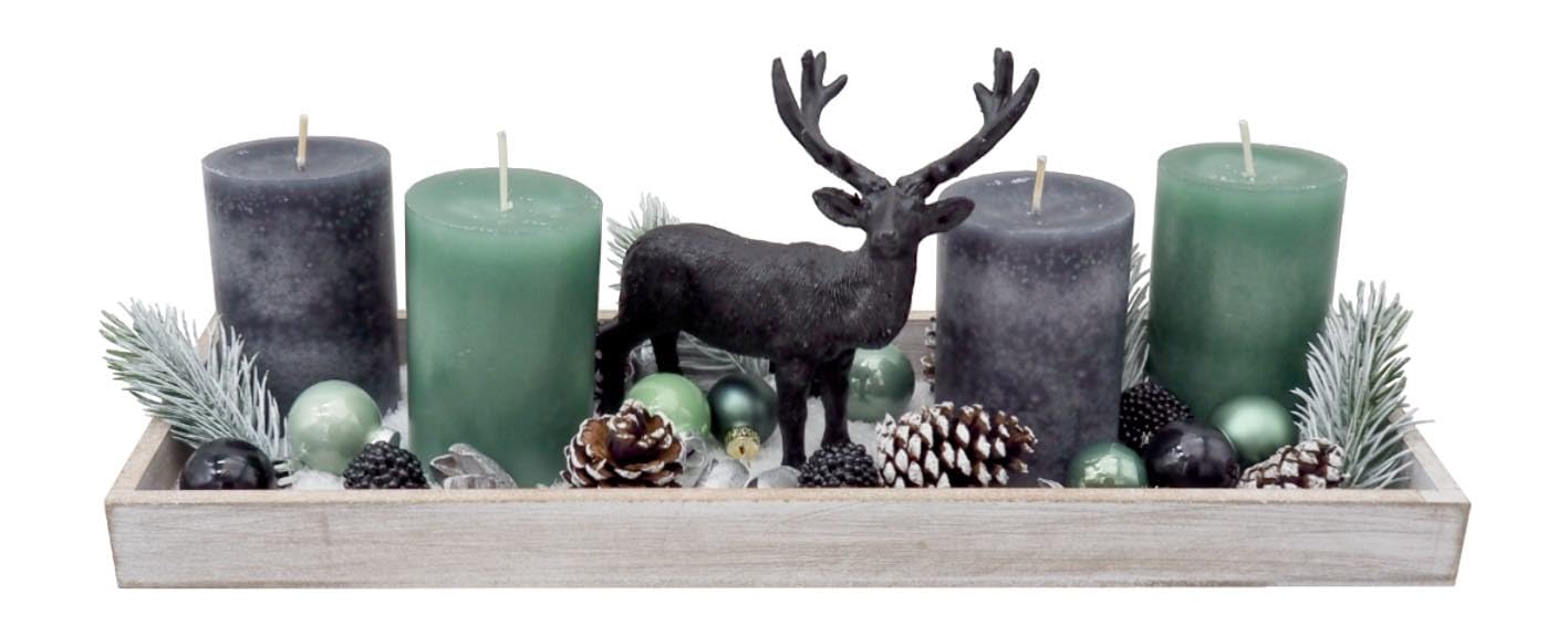 ZauberDeko Adventsgesteck Weihnachten Deko Adventskranz Tablett Modern Hirsch Schwarz Adventskerzen Grau & Salbei 40cm L