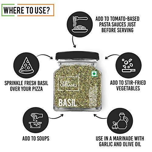 Image of Chef Urbano Basil 40 g | Italian Herbs | Pizza and Pasta Seasoning | Premium Herbs and Spices | Flakes /Leaves | Glass Bottle (Pack of 3)