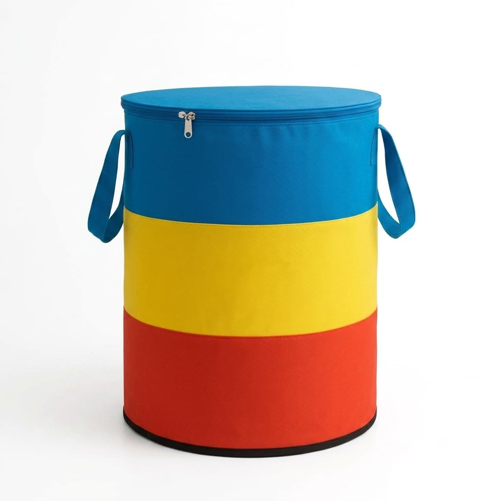 Large Round Storage Basket, Red, Yellow, Blue Colour Block, Non-woven Fabric, with Handles, for Toys, Laundry, Kids Room-image-49