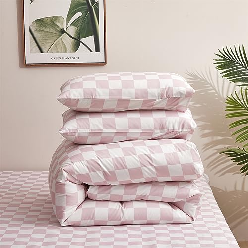 Image of KAREVER Pink Grid Comforter Full Pink Plaid Bedding Set Girls Pink White Checkered Bed Comforter Set Breathable Blanket Set Kids Durable Bedding Comforter Set