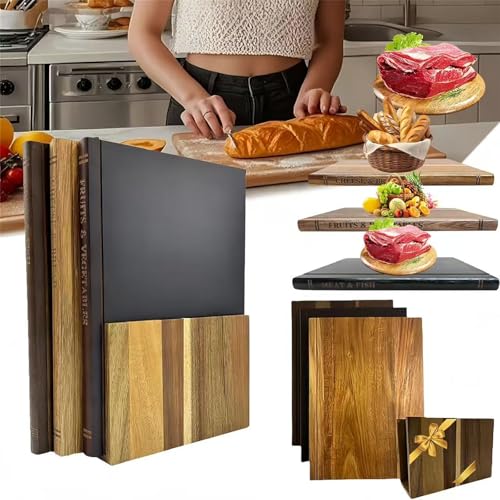Set di 3 taglieri a libro con supporto, set da taglio decorativo in legno da cucina, taglieri in legno massello di acacia che sembrano libri, per carne, pesce, formaggio, pane, frutta e verdura