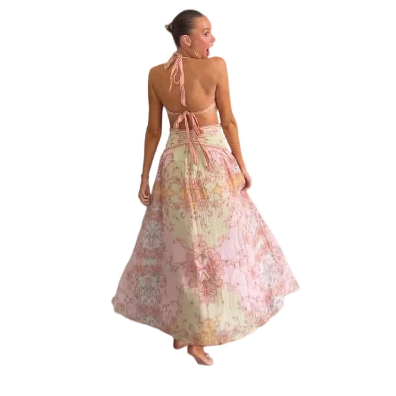 Vestito Donna Elegante Halter Maxi Abito Profondo V Senza Schienale Pizzo su Stampato per Festa Serata Indossare Vacanze-as Shown-s