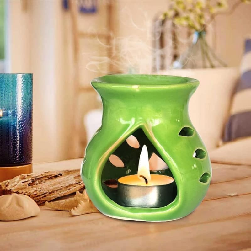 Image of Pure Source India Ceramic Aroma Oil Diffuser Gift Set with 10ML Relaxing Oil & Tealight Candles | 97 Burner for Home Fragrance & Relaxation | Ideal for Gifting & Home Decor (Green)