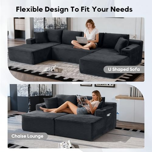 Image of Oversized Cloud Boneless Couch with Chaise, Modern Modular Sofa with Deep Seat, Corduroy Upholstered U Shaped Couch for Living Room, No Assembly Required (Grey)