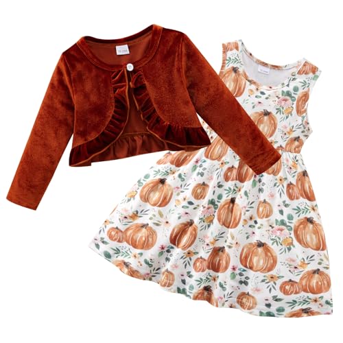 Toddler Baby Girls Spring Dress + Cardigan 2Pieces Outfits Floral Patterned Sundress Solid Long Sleeve Shrug Set